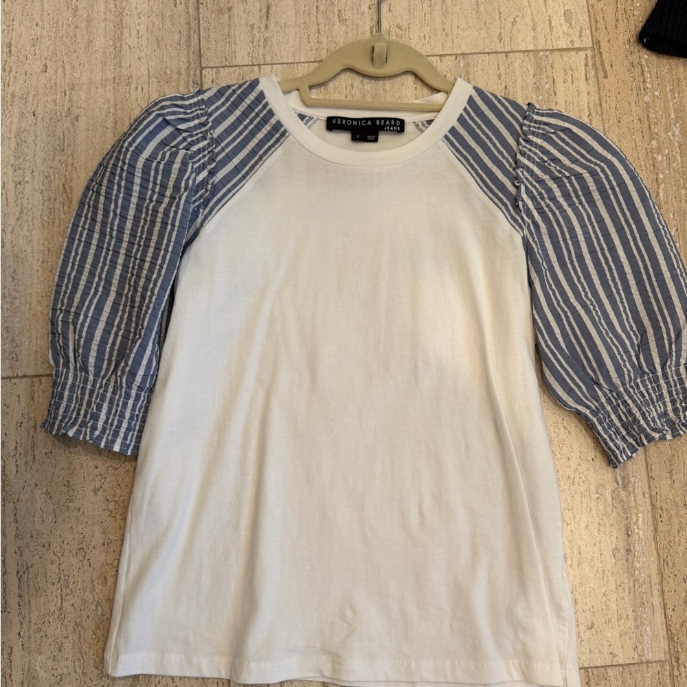 Veronica Beard White Tee with Blue Striped Puff Sleeves